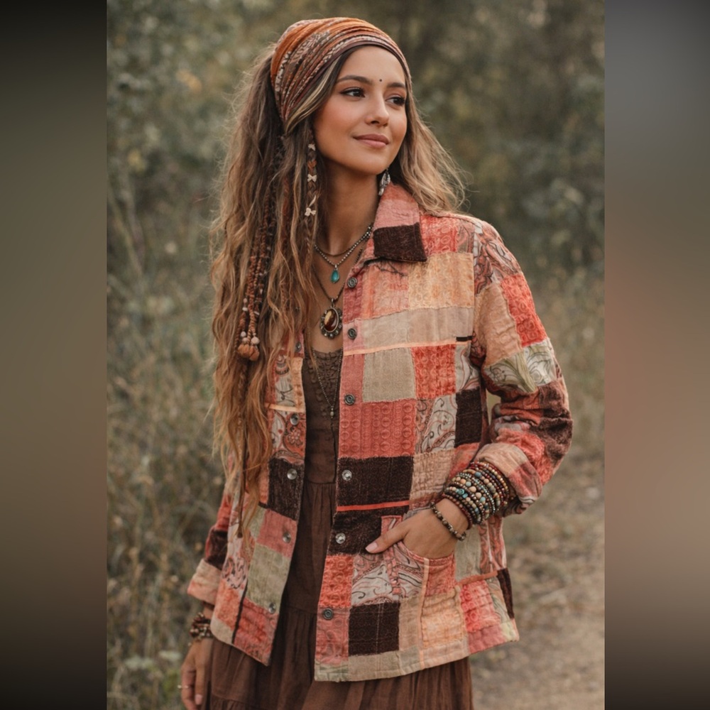 Velvet Patchwork Beaded Button-Up Jacket boho festival granny